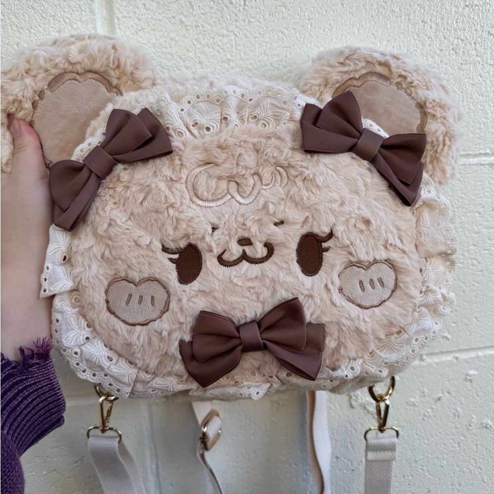 Adorable Bear Plush Lolita Bag with Bows - Cream and Brown